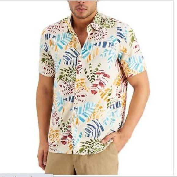 Tasso Elba Mens Button Up Leaf Shirt Tan Multicolor Short Sleeve Silk Blend - Picture 1 of 8